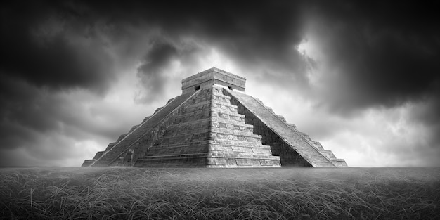 Monochrome view of mesoamerican pyramids for world heritage day
