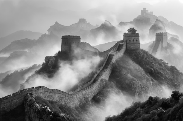 無料写真 世界遺産の日に向けて中国大壁のモノクロムビュー
