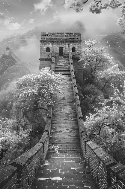 무료 사진 monochrome view of the historic great wall of china