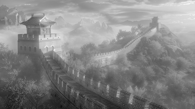 무료 사진 역사적 인 중국 장벽 의 단색 광경