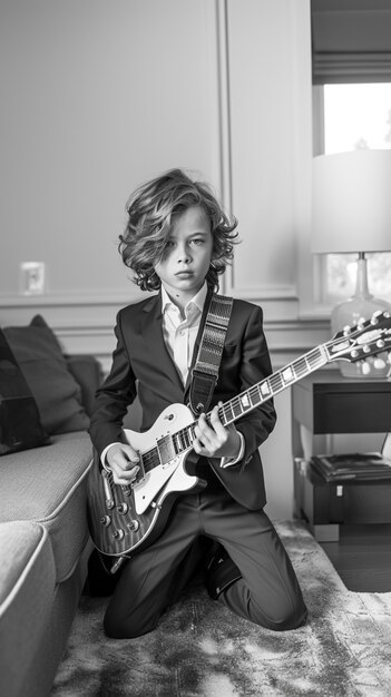 Monochrome view of person playing electric guitar