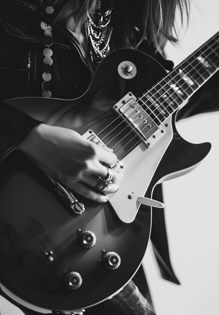 monochrome view of person playing electric guitar