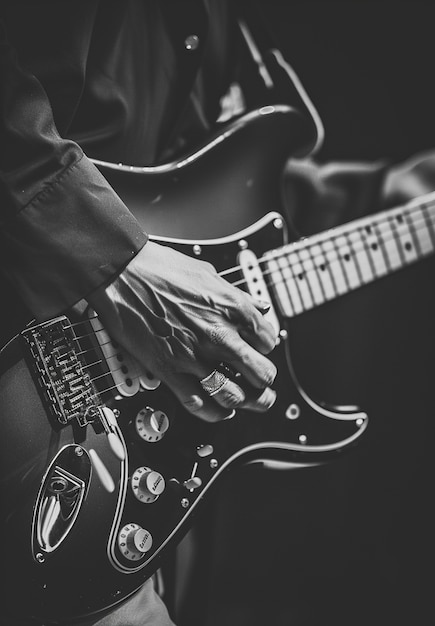 Foto gratuita vista monocromatica di una persona che suona la chitarra elettrica