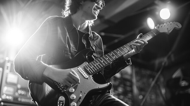 Monochrome view of person playing electric guitar