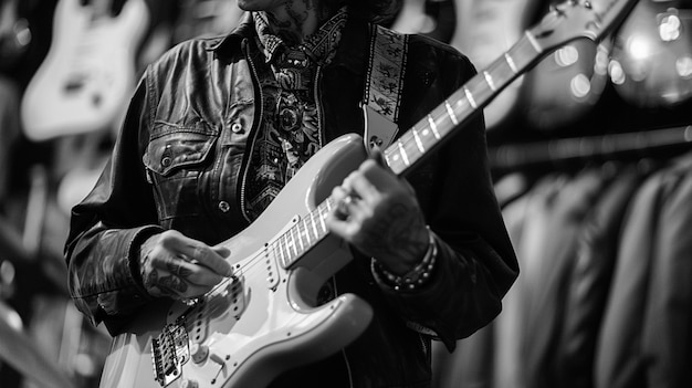 Foto gratuita vista monocromatica di una persona che suona la chitarra elettrica