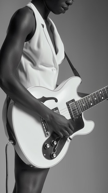 monochrome view of person playing electric guitar