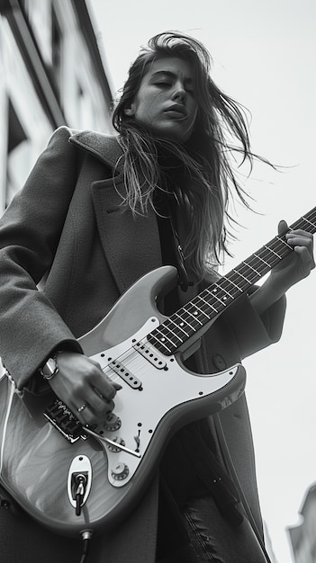 Foto gratuita vista monocromatica di una persona che suona la chitarra elettrica