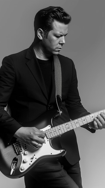 Monochrome view of person playing electric guitar