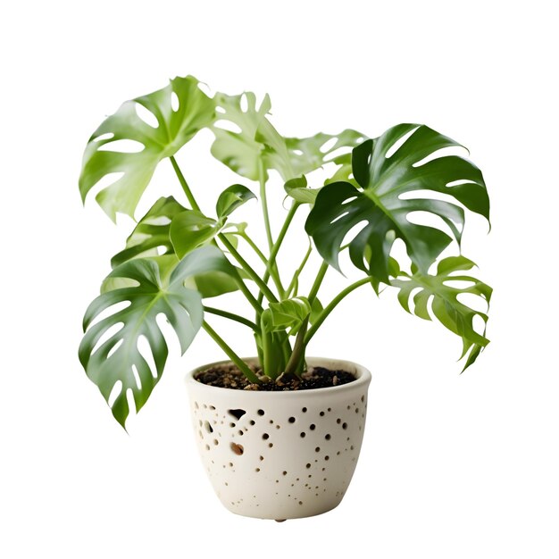 색 배경 에 고립 된 꽃병 에 있는 Monstera deliciosa 식물