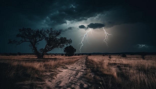 Бесплатное фото Унылое небо, жуткое дерево, драматический закат, природа, история ужасов, созданная ии