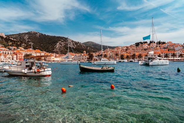 Free photo moored yachts stand in the port town