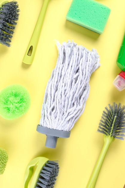 Free photo mop head with various cleaning equipments