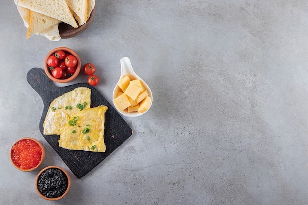 Morning breakfast placed on a marble background.