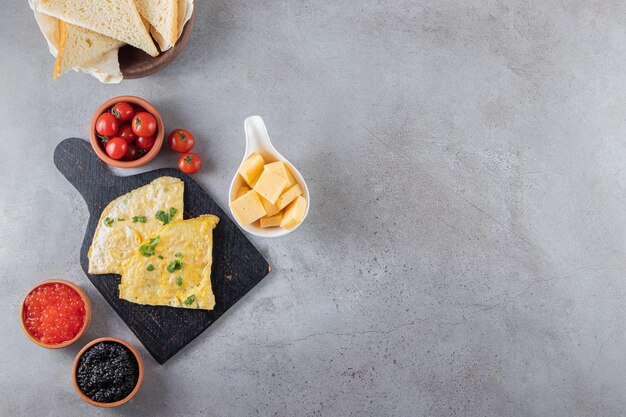 Morning breakfast placed on a marble background.