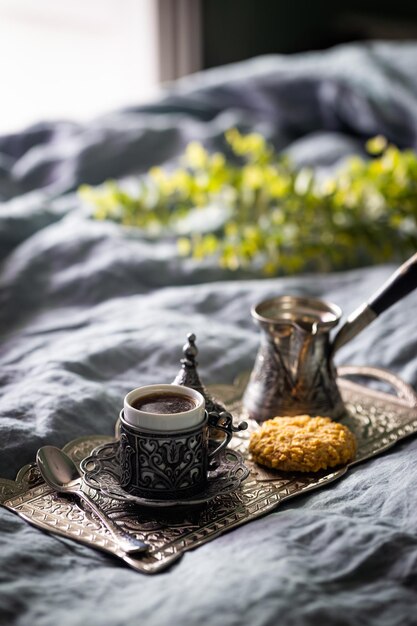 Morning coffee on metal tray