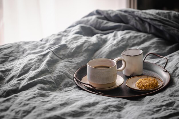 Morning coffee on metal tray