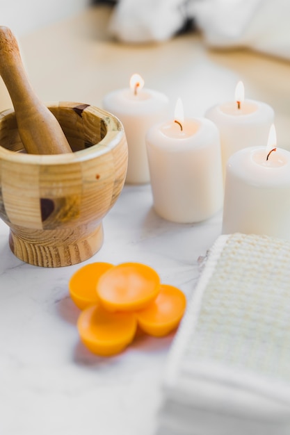 Mortar and pestle near spa supplies