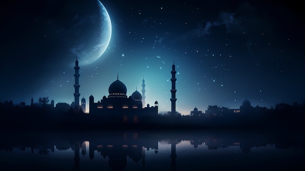 Mosque building architecture at night with moon