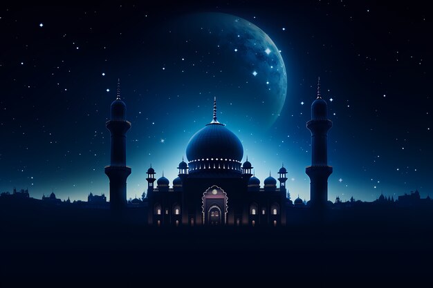 Mosque building architecture at night with moon