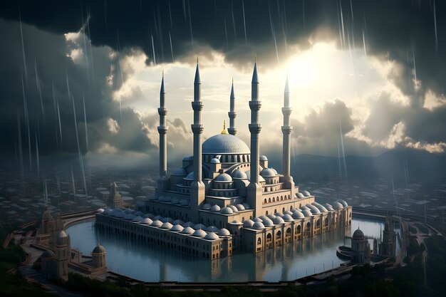 Mosque building architecture with cloudy weather
