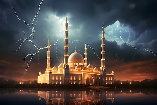 Free photo mosque building architecture with lightning