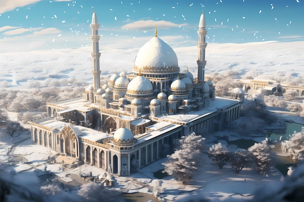 Free photo mosque building architecture with winter landscape