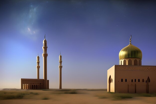 A mosque in the desert with a blue sky and the moon