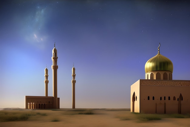 푸른 하늘과 달이 있는 사막의 모스크