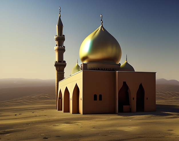 A mosque in the desert with a golden dome