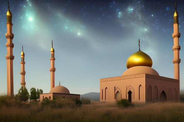 A mosque in the desert with a starry sky in the background