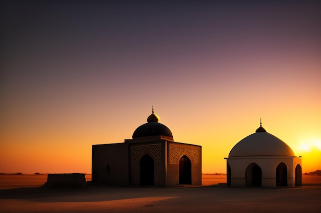 夕日が沈む砂漠のモスク