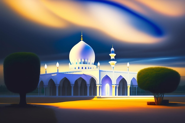 A mosque in the evening with a blue sky and a white dome.