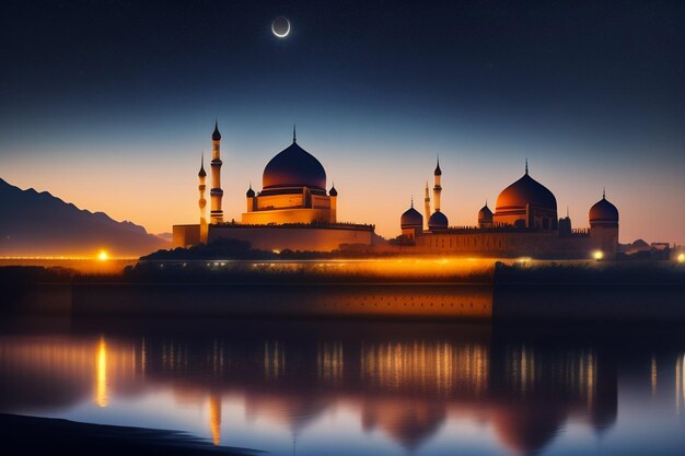 Мечеть вечером на фоне луны
