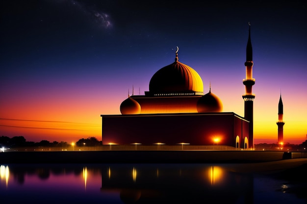 A mosque in the evening with a purple sky and the moon