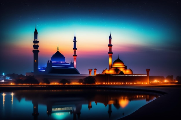 A mosque with a blue light at the top