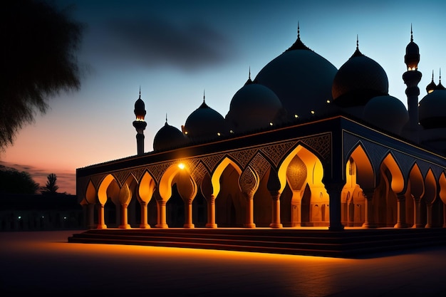 A mosque with a bright light on the top