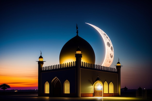Free photo a mosque with a crescent moon in the background