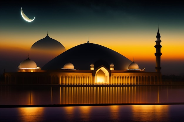 Free photo a mosque with a crescent moon in the sky
