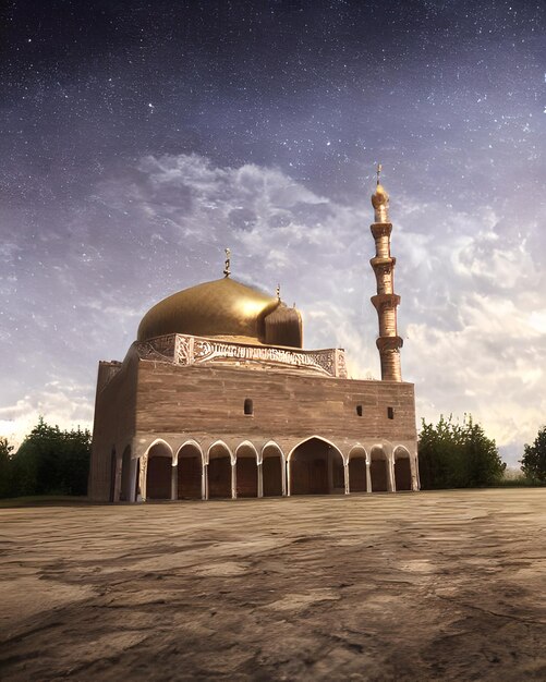 A mosque with a gold dome and a starry sky