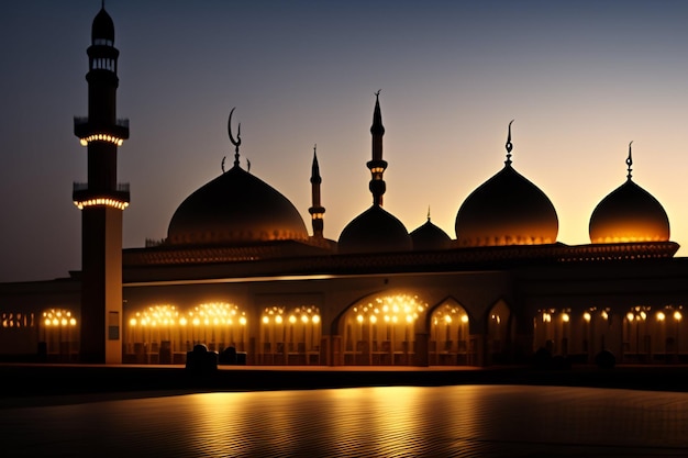 A mosque with a lit up sky at dusk