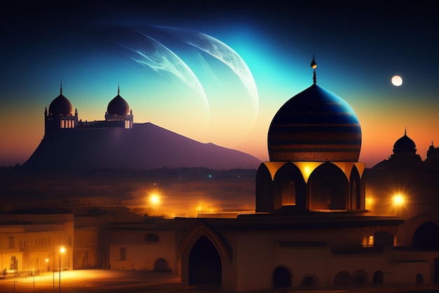 Free photo a mosque with a moon and two moons