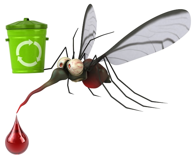 Mosquito 3D illustration with trash bin