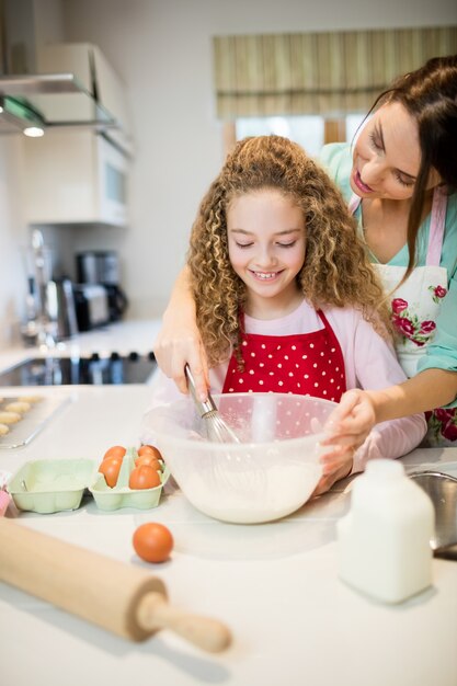 Mother assisting daughter in whisking flour in kitchen