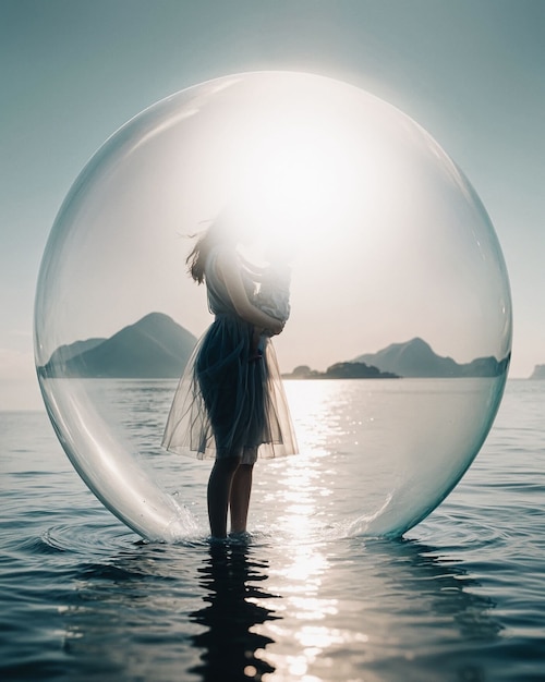 Free photo mother and child inside a bubble over the sea