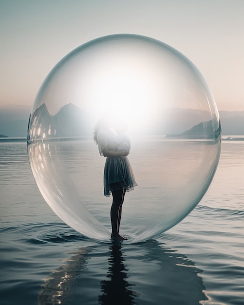 Mother and child inside a bubble over the sea