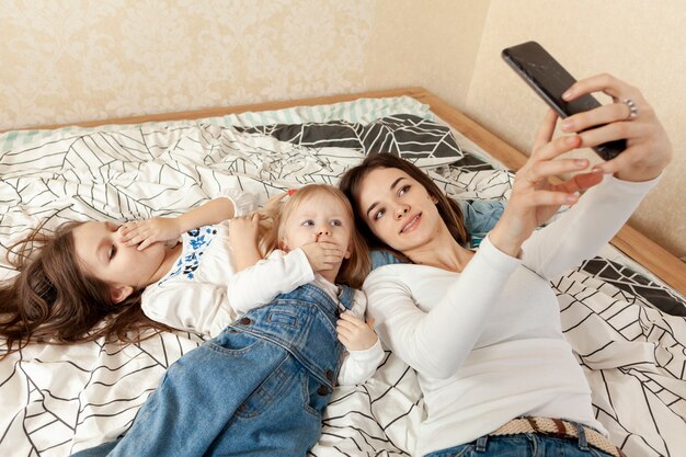 Mother and childrens taking selfie