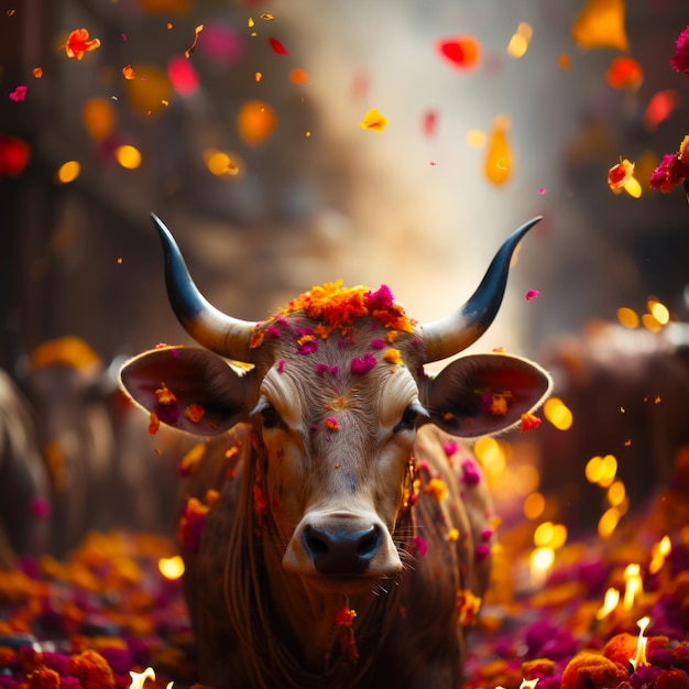 Mother cow walks on the embers of a fire to celebrate the festival of colors Holi a tradition