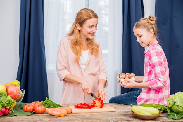 Mother cutting bell pepper with knife looking at her daughter holding mushroom basket in hand