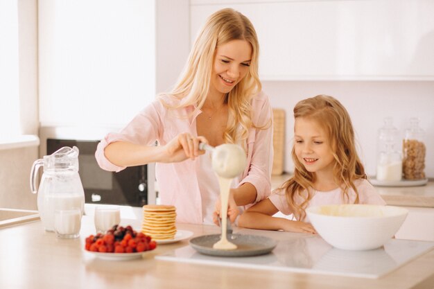 Mother and daughter baking pancakes