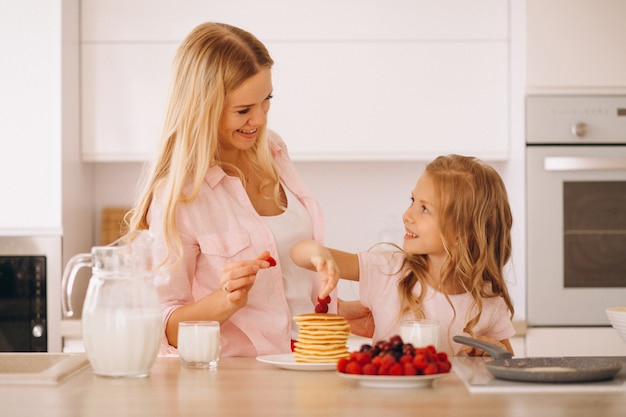 Mother and daughter baking pancakes